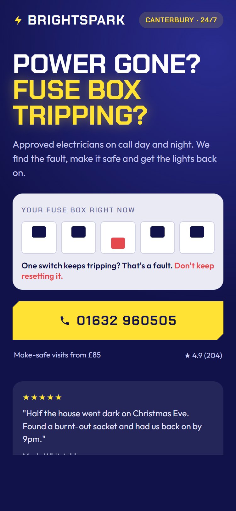 Electrician lead page: indigo design with a fuse box showing a tripped switch