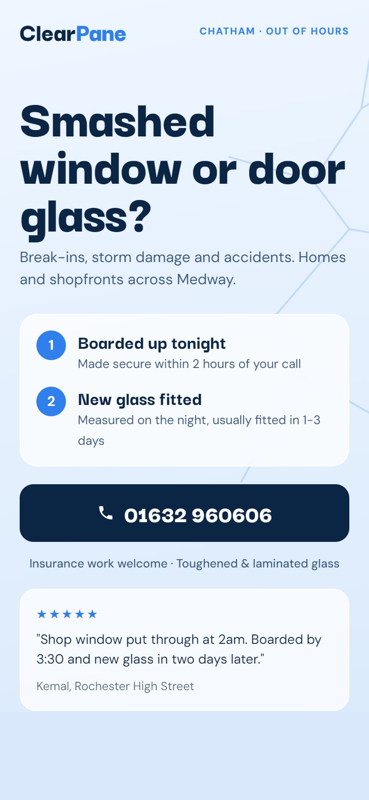 Emergency glazing lead page: cracked-glass background and a board-up then fit timeline