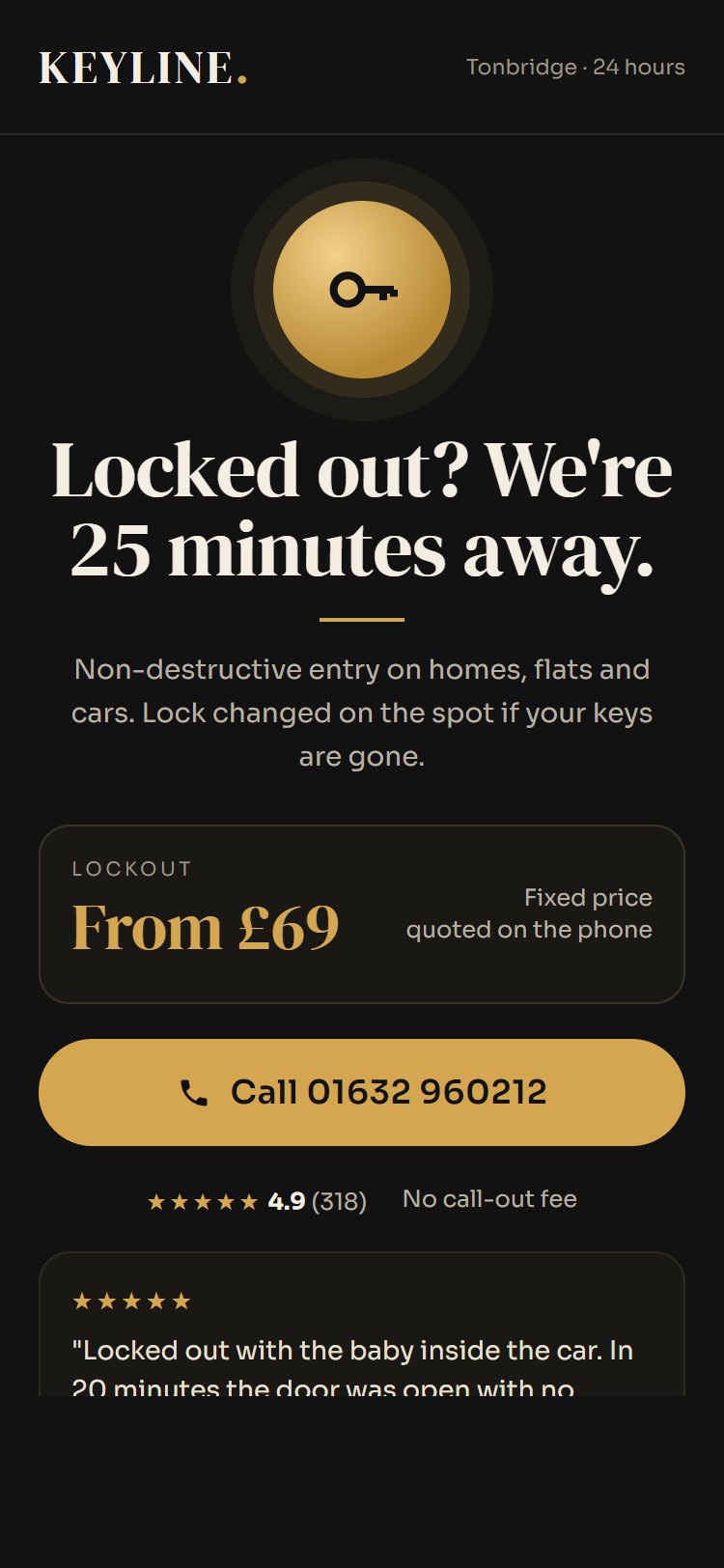Locksmith lead page: black and brass design, 25-minute response promise and fixed lockout price